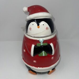 Christmas Penguin Cookie Jar 11" Red Holiday Time Present New